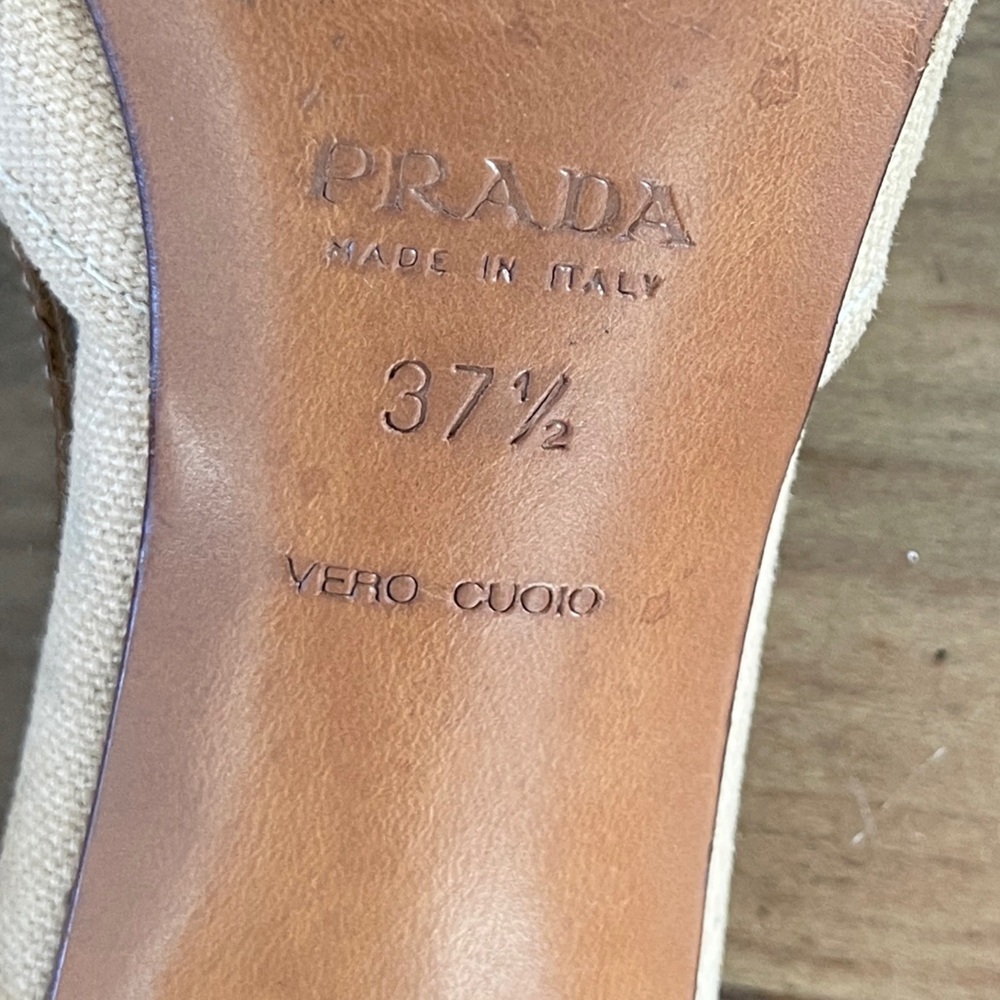 Prada Canvas & Suede Buckle Slingback Mules Heel Pumps shoes size 37.5 - Picture 5 of 11